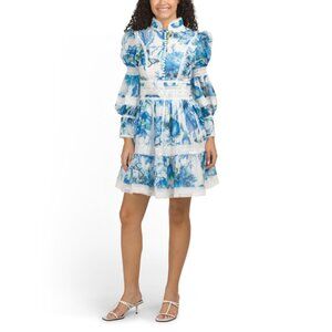 DALIA MACPHEE Blue Multi Long Sleeve Lace Trim Mini Dress